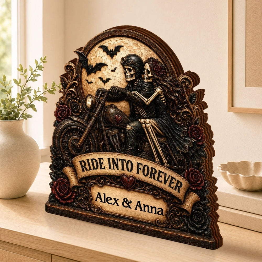 Ride Into Forever Custom Skeleton Motorcycle Couple Wooden Plaque, Custom Skull Couple Wooden Block WD0811