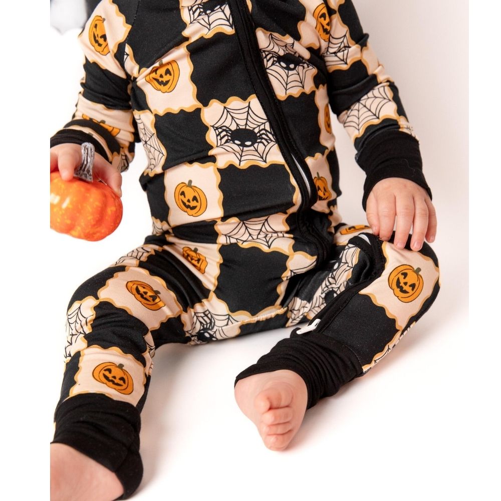 Pumpkin And Spider Black Baby Romper Convertible Zipper, Halloween Convertible Romper For Baby BB0345