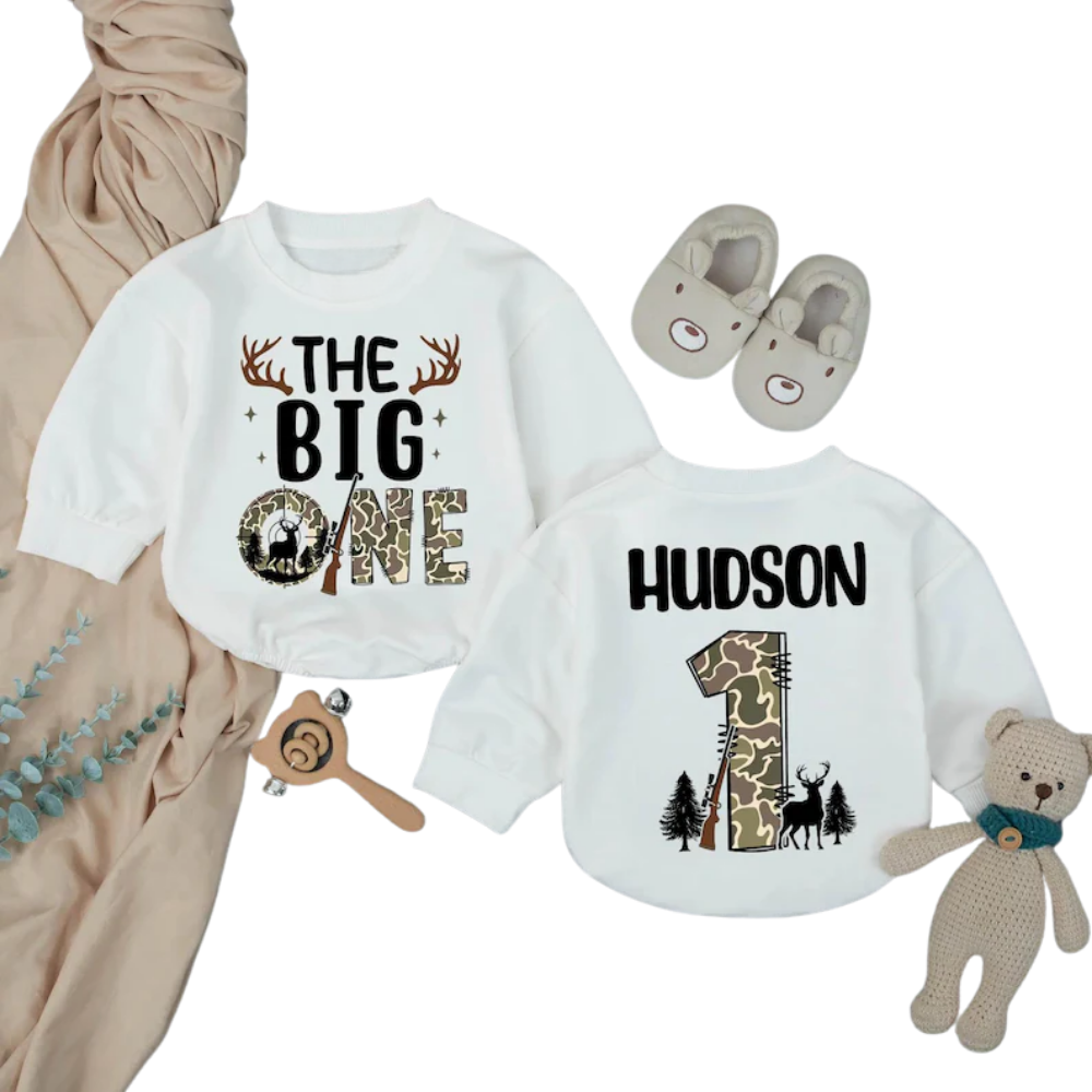 Personalized The Big One Birthday Hunting Baby Romper Sweater, Custom Baby's Hunting First Birthday Romper Sweatshirt BB0288