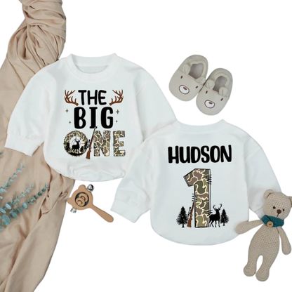 Personalized The Big One Birthday Hunting Baby Romper Sweater, Custom Baby's Hunting First Birthday Romper Sweatshirt BB0288