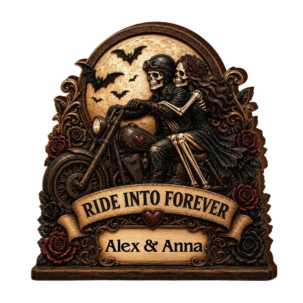 Ride Into Forever Custom Skeleton Motorcycle Couple Wooden Plaque, Custom Skull Couple Wooden Block WD0811