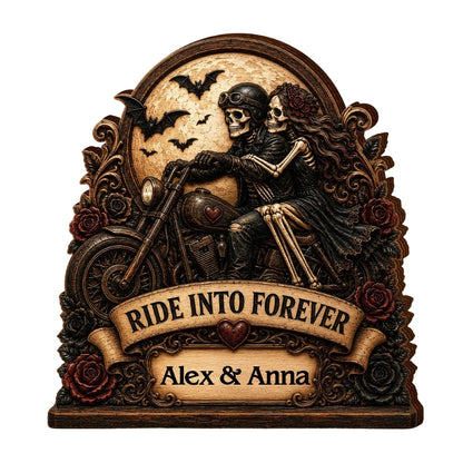 Ride Into Forever Custom Skeleton Motorcycle Couple Wooden Plaque, Custom Skull Couple Wooden Block WD0811