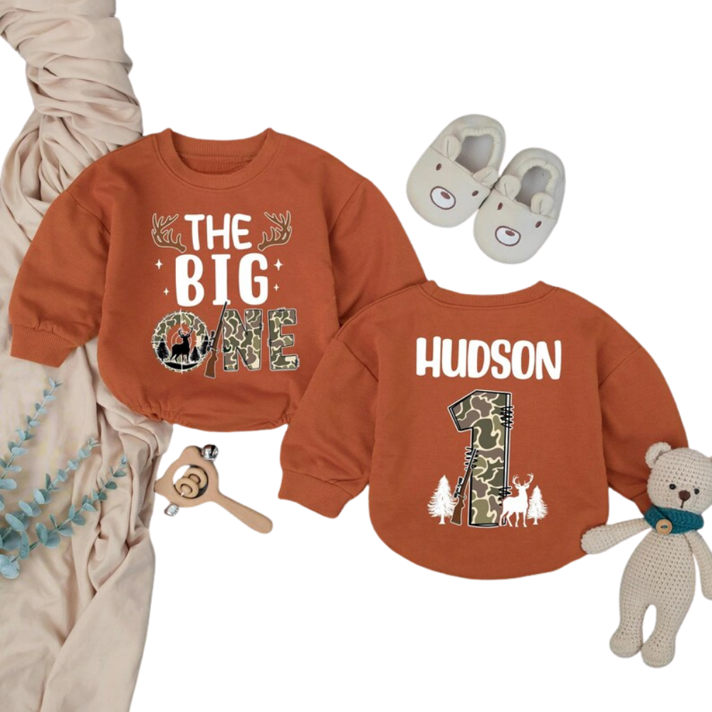 Personalized The Big One Birthday Hunting Baby Romper Sweater, Custom Baby's Hunting First Birthday Romper Sweatshirt BB0288