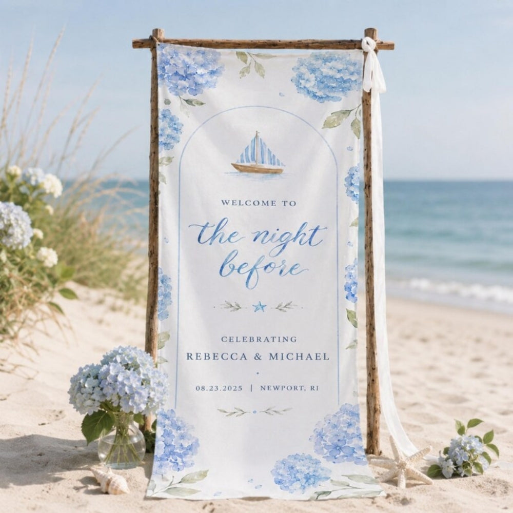 The Night Before Custom Coastal Engagement Party Welcome Banner, Custom Engaged Linen Welcome Sign WD0964