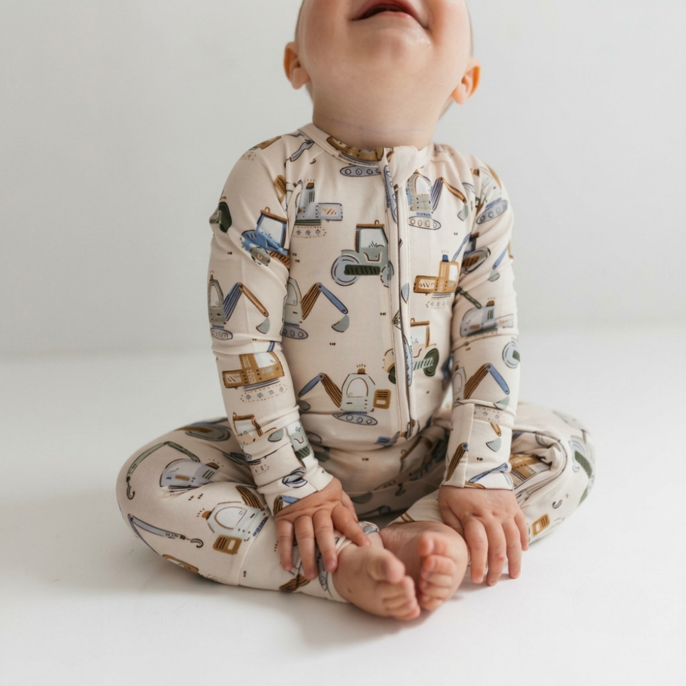 Excavator Baby Convertible Romper Zipper, Construction Excavator Baby Romper Convertible BB0729