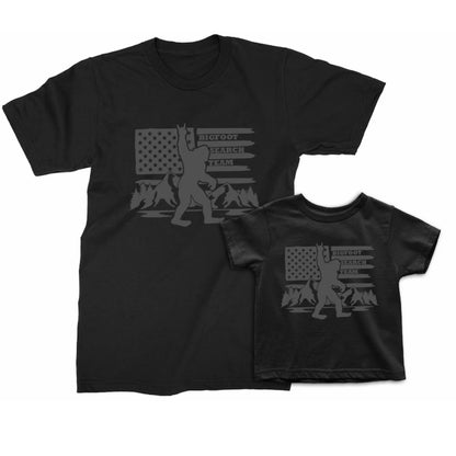 Bigfoot Search Team American Flag Matching Father And Son T Shirt, Matching Sasquatch Daddy And Mini Shirts ET0960