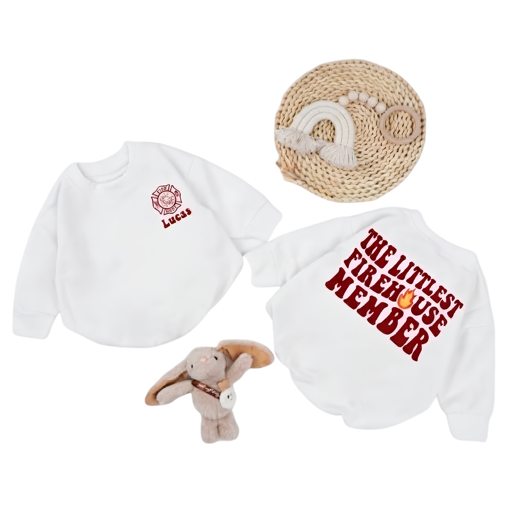 The Littlest Firehouse Member Custom Baby Romper Sweatshirt, Custom Firefighter Romper Sweatshirt Baby BB0868