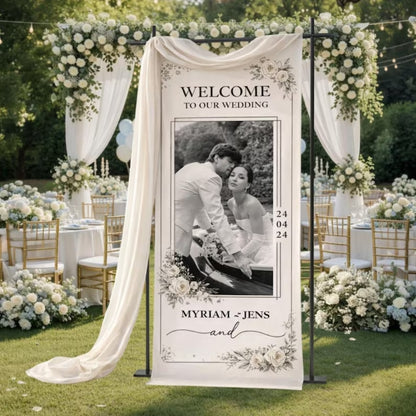 Custom Photo Wedding Linen Welcome Banner, Personalized Picture Wedding Party Welcome Sign WD0965