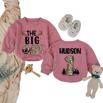 Personalized The Big One Birthday Hunting Baby Romper Sweater, Custom Baby's Hunting First Birthday Romper Sweatshirt BB0288