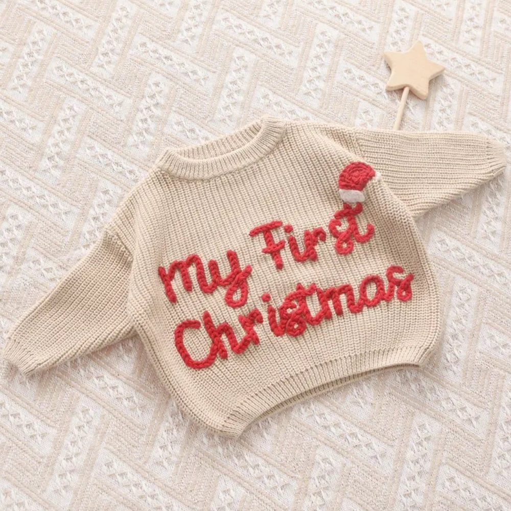 Merry Santa Baby Embroidered Knit Baby Sweater, First Christmas Baby Sweatshirt BB0783