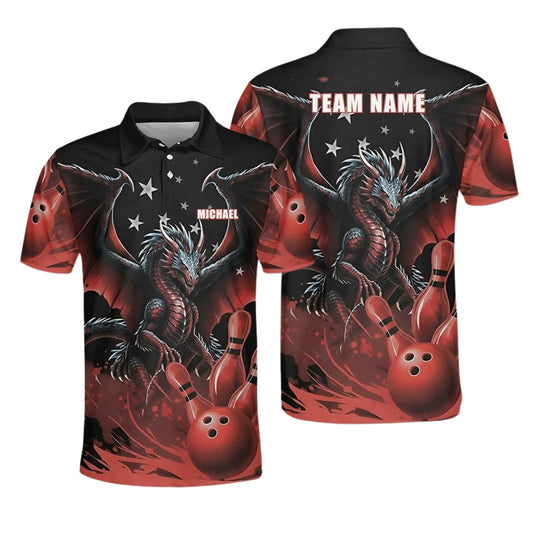 Custom Black Red Dragon Bowling Polo Shirt Mens, Custom Dragon Bowling Team Shirts BE0136