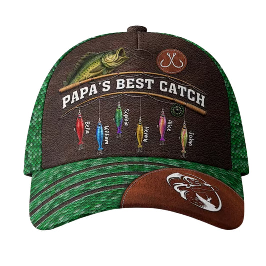 Papa's Best Catch Custom Kid Names Fishing Baseball Cap For Dad, Personalized Father's Day Fishing Lover Cap CP0492