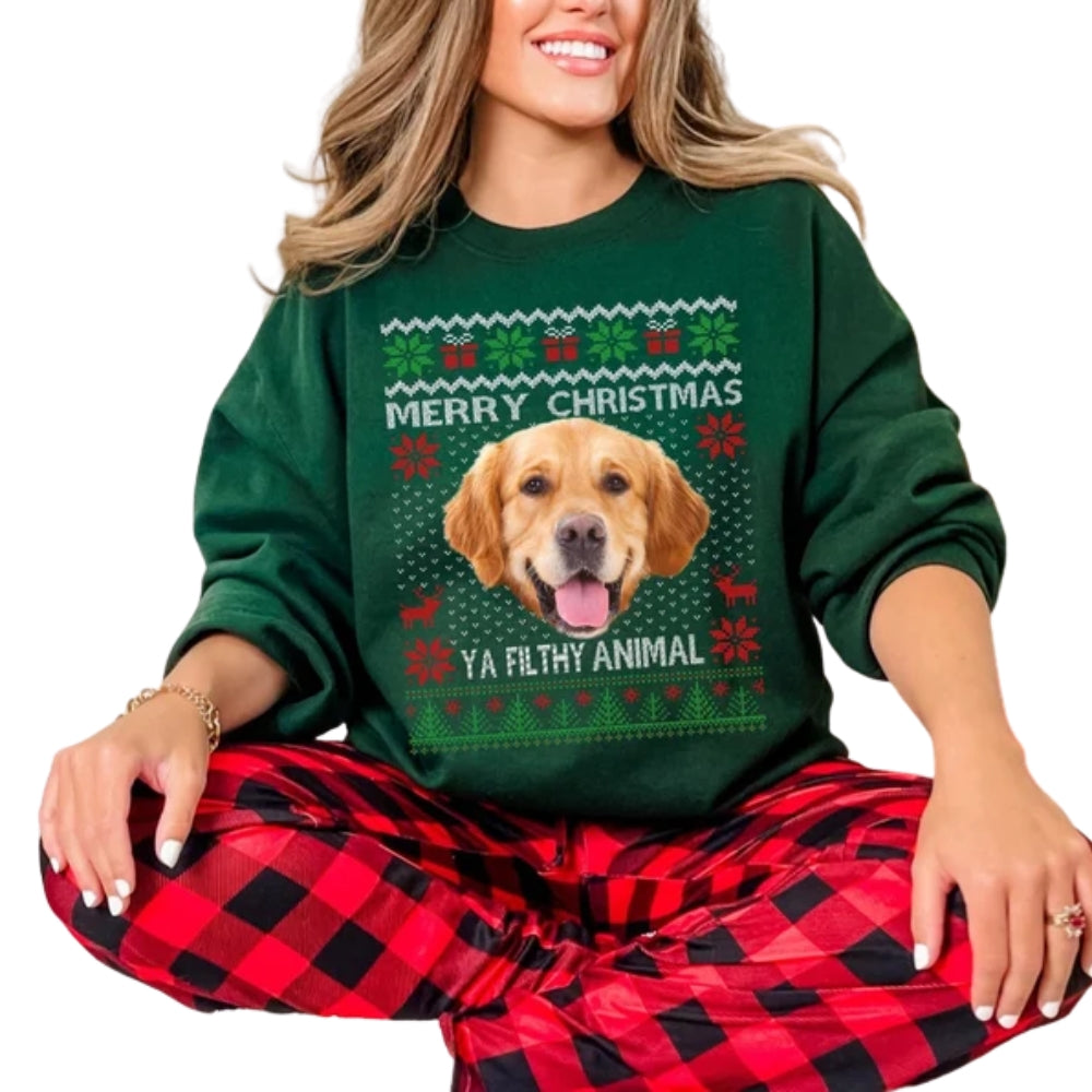 Custom Pet Photo Merry Christmas Sweatshirt, Custom Funny Christmas Sweatshirt For Animal Lover 2D0371