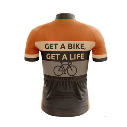 Get A Bike Get A Life Men's Short Sleeve Cycling Jersey, Orange And Brown Cycling Jersey For Men CG0663