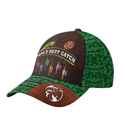 Papa's Best Catch Custom Kid Names Fishing Baseball Cap For Dad, Personalized Father's Day Fishing Lover Cap CP0492