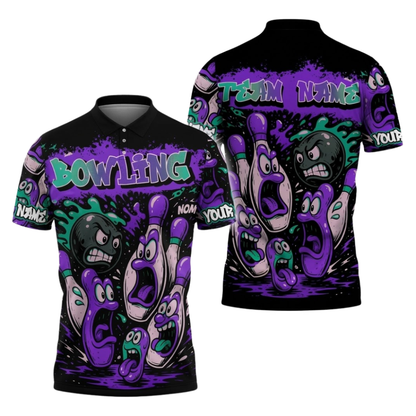 Custom Ball And Pins Funny Bowling Polo Shirt For Men, Black And Pink, Custom Team Funny Bowling Shirts BZ1110