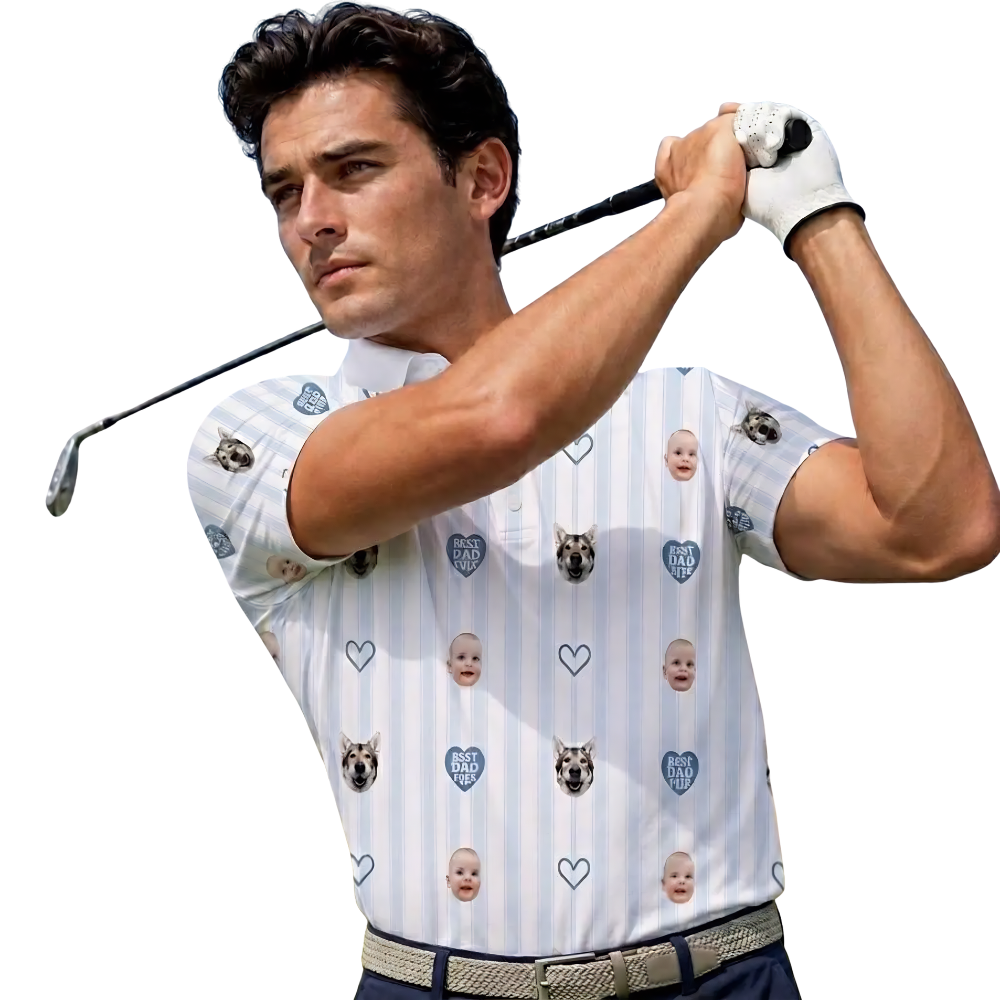 Custom Kid And Pet Face Best Dad Ever Golf Polo Shirt For Men, Father's Day Custom Photo Golf Shirts GE0476