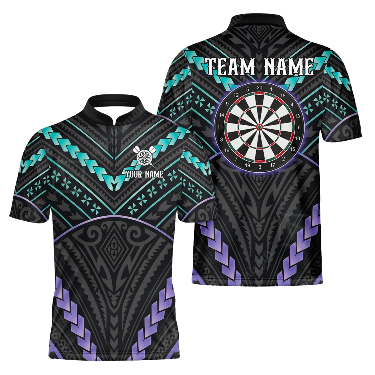 Custom Tribal Black Cyan Purple Darts Polo Shirt Men, Custom Tribal Dart Team Shirt DZ0185