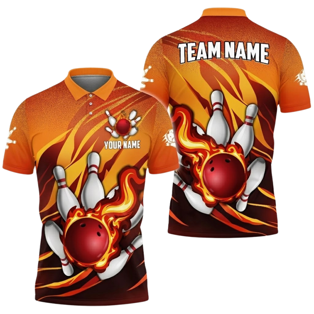 Custom Mens Flame Ball Bowling Polo Shirt Orange, Custom Flame Bowling Team Shirts BZ0683
