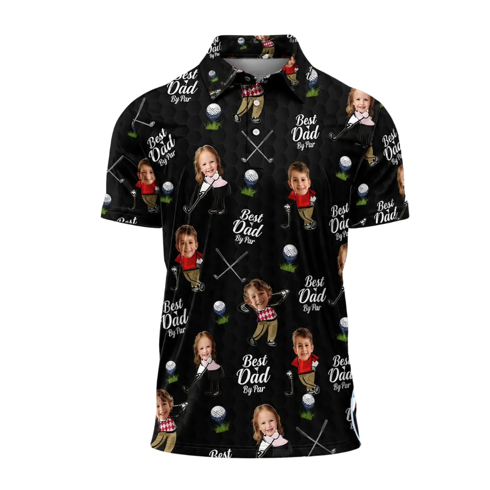 Best Dad By Par Custom Kid Face Golf Men Polo Shirt, Custom Photo Father's Day Golf Shirts GE0443