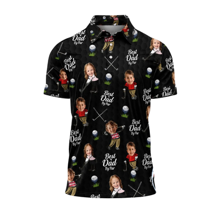 Best Dad By Par Custom Kid Face Golf Men Polo Shirt, Custom Photo Father's Day Golf Shirts GE0443