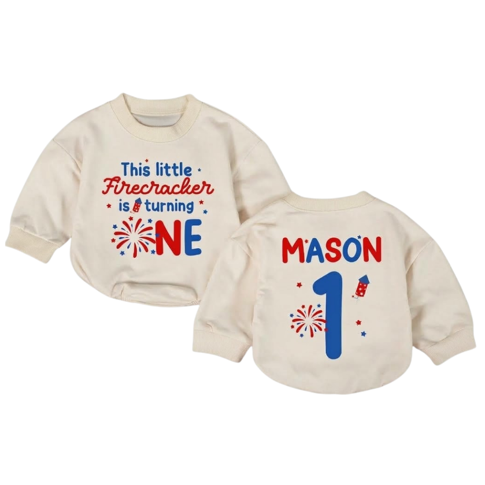 This Little Firecracker Is Turning One Custom Baby Romper Sweatshirt, Custom 4th Of July First Birthday Baby Romper Sweater BB0517
