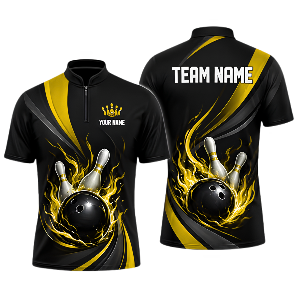 Custom Flame Red Black Bowling Jersey For Men, Custom Flame Team Bowling Shirt BZ0923