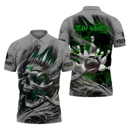 Custom Skull Gray Green Bowling Mens Polo Shirts, Custom Skull Team Bowling Shirt BZ1095