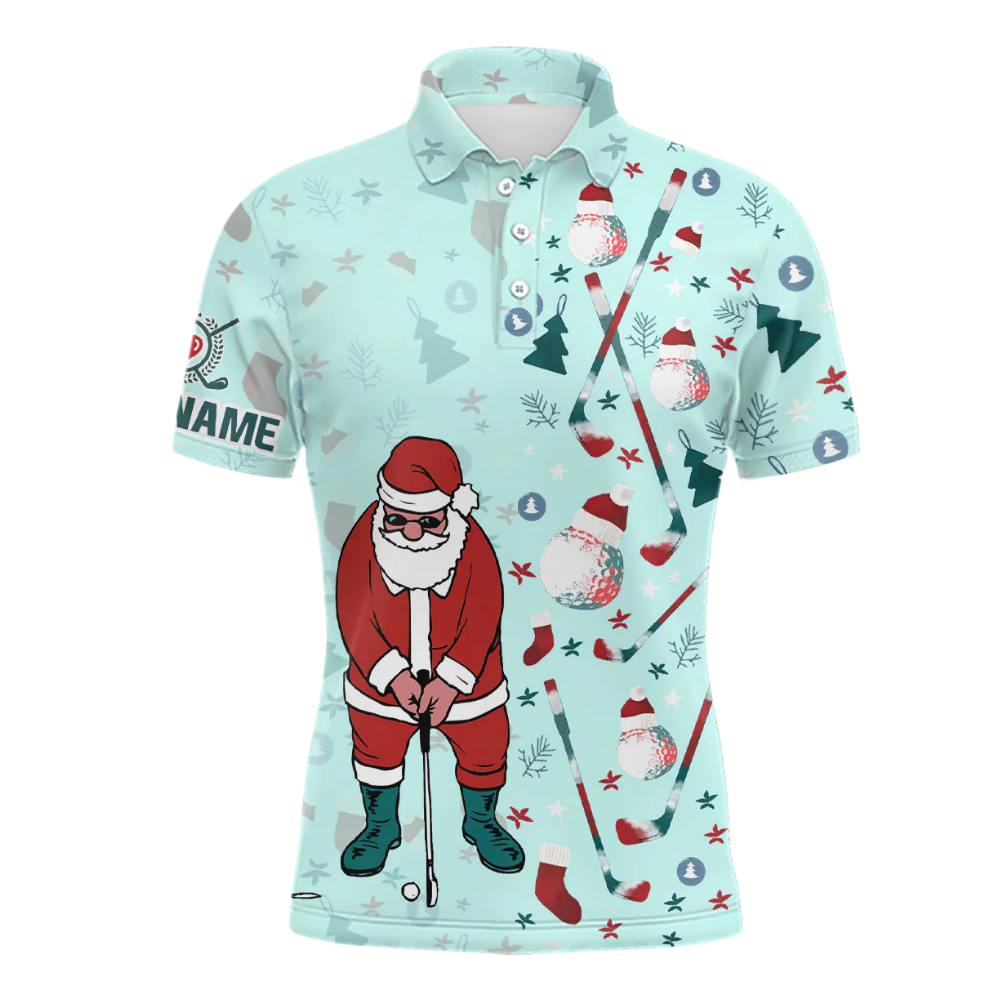 Custom Santa Golfing Men's Light Blue Golf Polo Shirt, Custom Christmas Golf Shirt With Name GZ0339