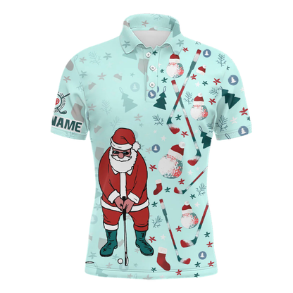 Custom Santa Golfing Men's Light Blue Golf Polo Shirt, Custom Christmas Golf Shirt With Name GZ0339