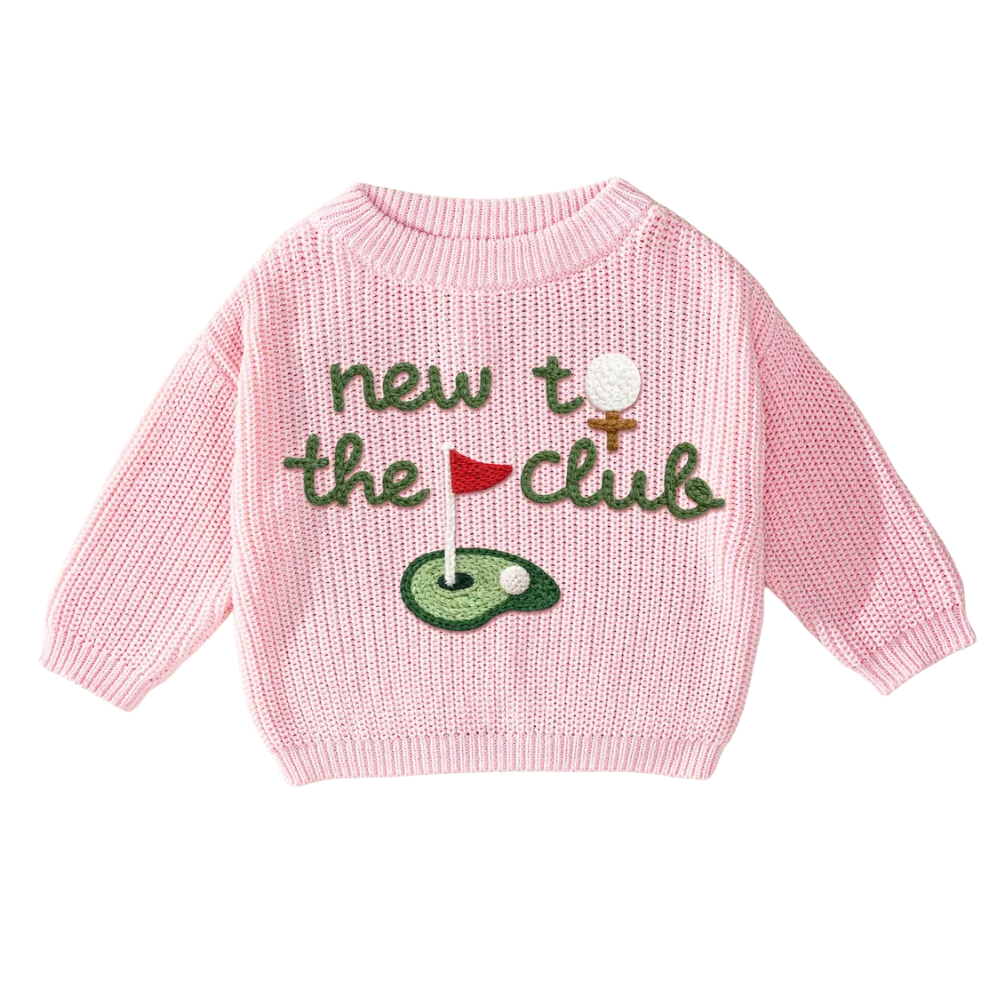 New To The Club Golf Baby Embroidered Knit Sweater, Golf Knit Sweatshirt For Baby BB0124