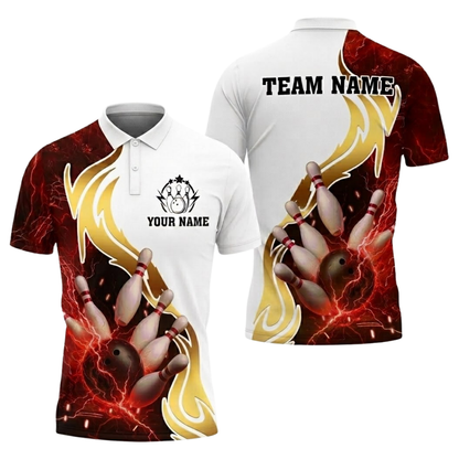 Custom Red White Thunder Bowling Mens Polo Shirt, Custom Team Thunder Bowling Shirts BZ0516