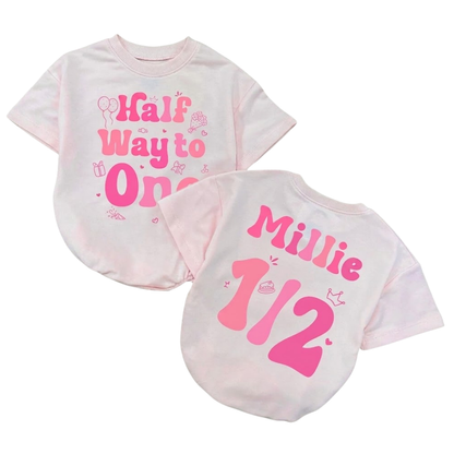 Half Way To One Custom Name 1/2 Birthday Baby Tshirt Romper, Custom Half Birthday Baby Romper BB0037