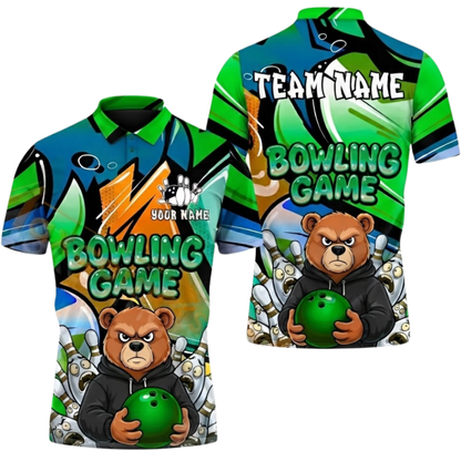 Custom Bear Graffiti Mens Purple Bowling Polo Shirt, Custom Bear Bowling Team Shirts BZ0640