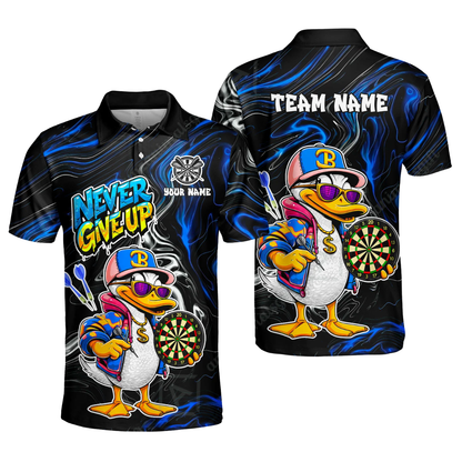 Never Give Up Custom Funny Duck Dart Polo Shirt Mens, Custom Duck Darts Team Shirt DZ0184