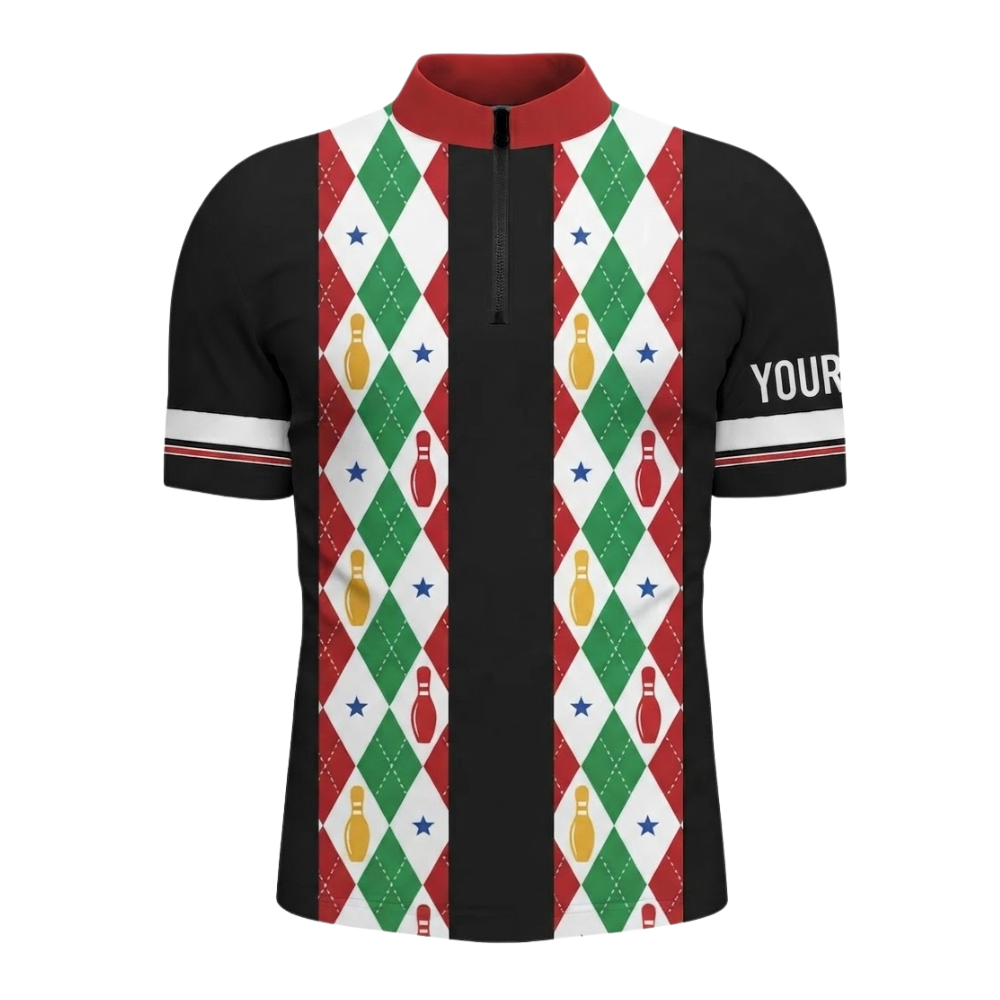 Custom Mens Argyle Christmas Bowling Jersey Red Green Black, Custom Xmas Bowling Team Shirts BZ0615