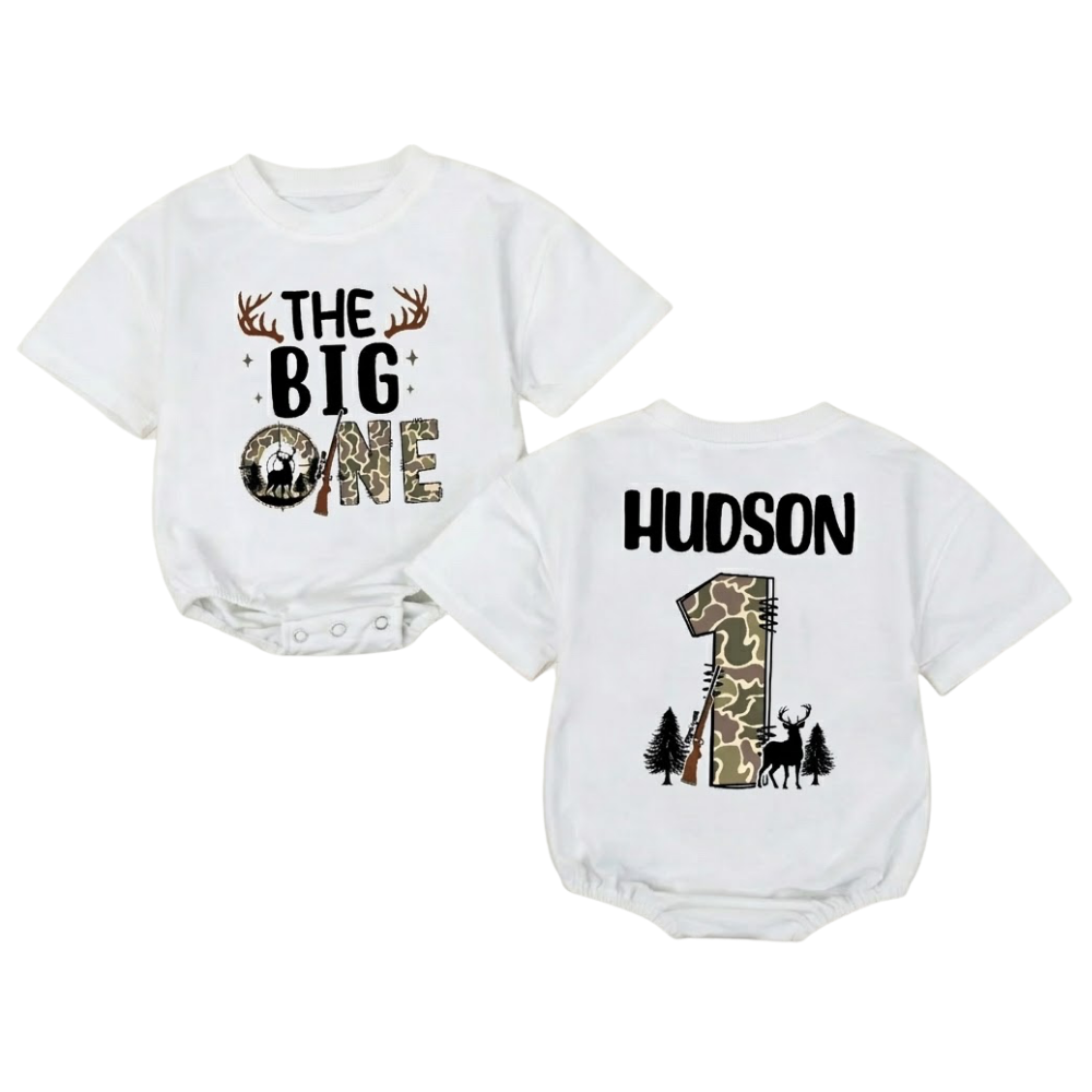 Personalized The Big One Deer Hunting Camo Baby Boy T Shirt Romper, Custom First Birthday Baby's Hunting Romper BB0200