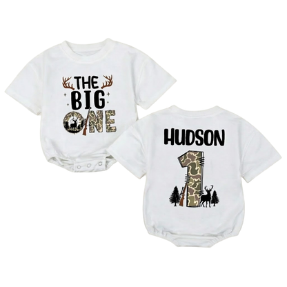 Personalized The Big One Deer Hunting Camo Baby Boy T Shirt Romper, Custom First Birthday Baby's Hunting Romper BB0200