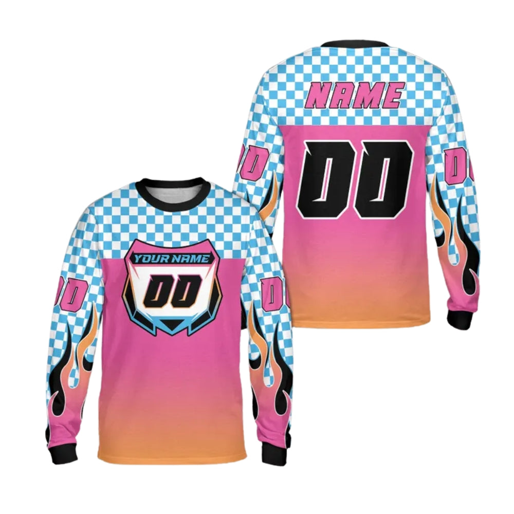 Custom Checkered Gradient Flame Long Sleeve Dirt Bike Jersey For Men, Custom Checkered Dirt Bike Shirts ME0023