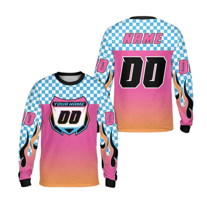 Custom Checkered Gradient Flame Long Sleeve Dirt Bike Jersey For Men, Custom Checkered Dirt Bike Shirts ME0023