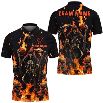 Custom Skeleton Flame Mens Bowling Polo Shirt, Custom Skull Bowling Team Shirts BZ0653
