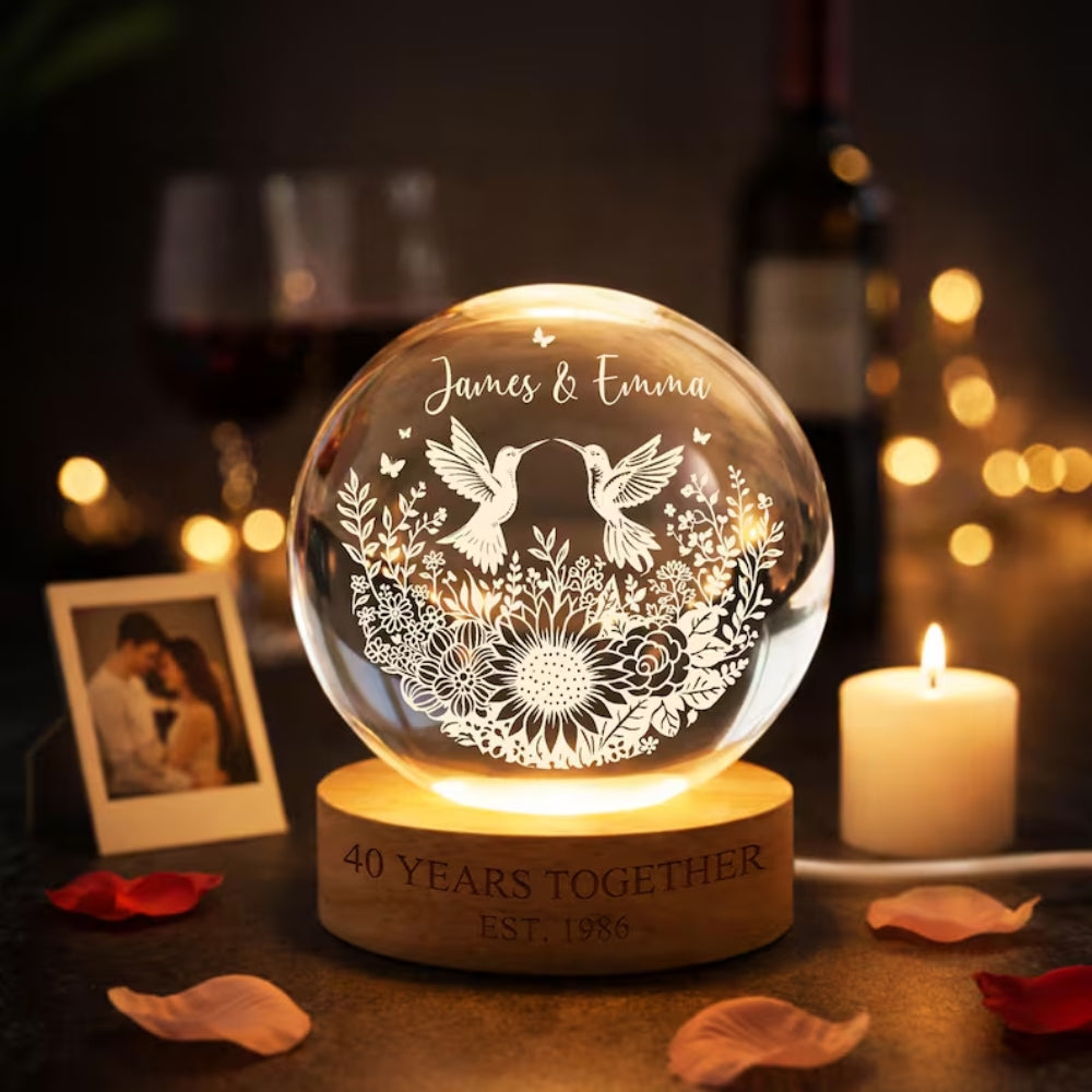 Custom 40 Years Together Wedding Crystal Ball Led Night Light, Custom Ruby Anniversary Night Light For Couple WD0836