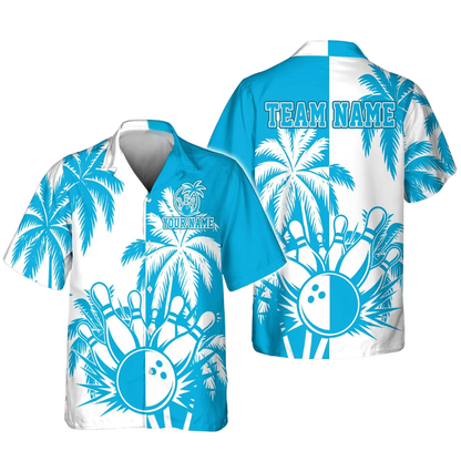 Custom Tropical Blue White Bowling Hawaiian Shirt For Men Women, Custom Tropical Bowling Team Shirts BE0188