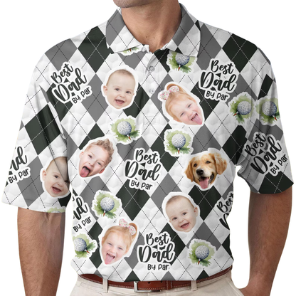 Best Dad By Par Custom Kid And Pet Faces Argyle Golf Polo Shirt Men, Custom Father's Day Golf Shirt For Dad With Phot GE0450