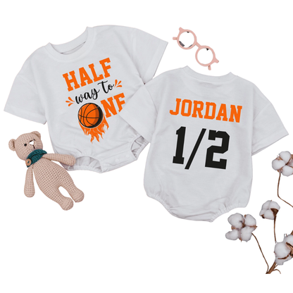 Personalized Half Way To One Birthday Baby Basketball T Shirt Romper, Custom Basketball 1/2 Birthday Baby Romper BB0296