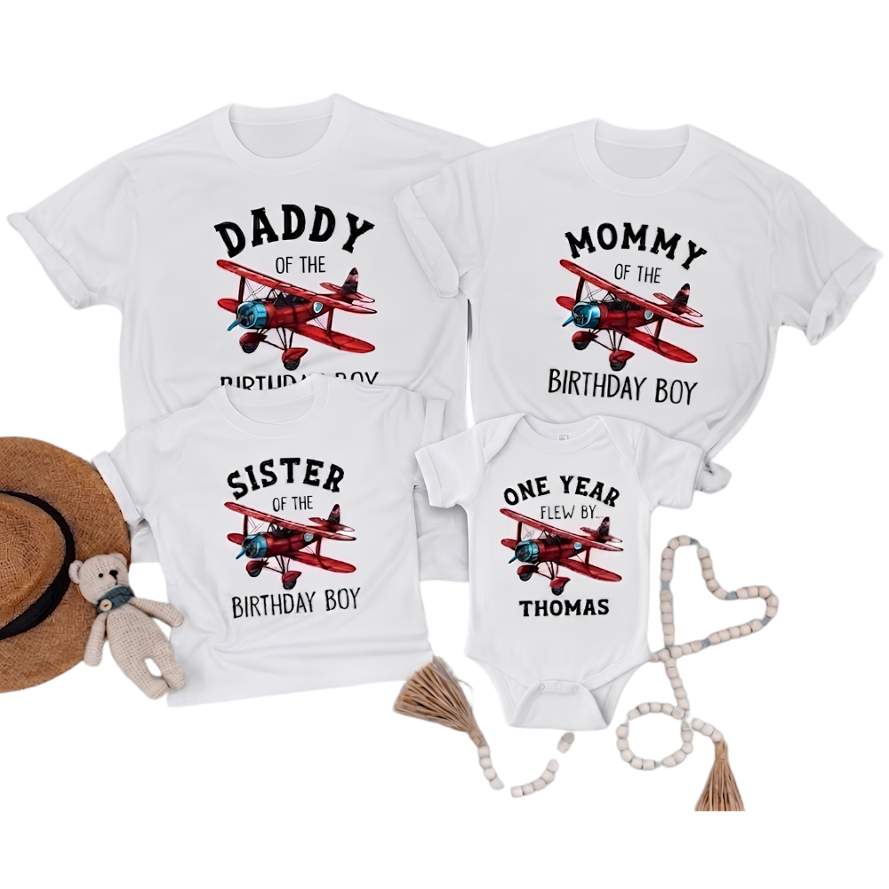 Custom Flight First Birthday Boy Family Matching T Shirt, Personalized Airplane 1st Birthday Family Shirts ET1200