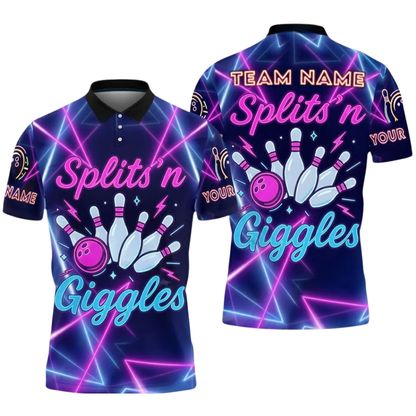 Splits'n Giggles Custom Neon Purple Bowling Polo Shirt For Men, Custom Funny Bowling Team Shirts BZ0738