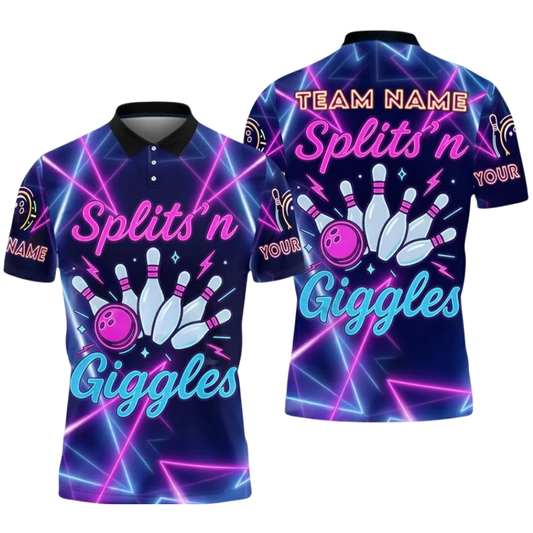 Splits'n Giggles Custom Neon Purple Bowling Polo Shirt For Men, Custom Funny Bowling Team Shirts BZ0738
