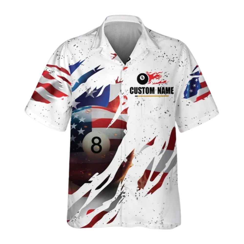 Custom White USA Flag Billiard Hawaiian Shirt For Mens, Custom Team Patriotic Billiard Shirts BIE0029
