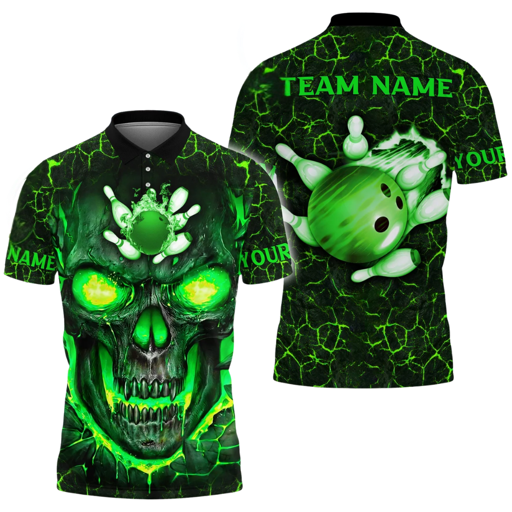Custom Skull Bowling Polo Shirt For Men, Custom Flame Skull Bowling Shirt Team BZ0621